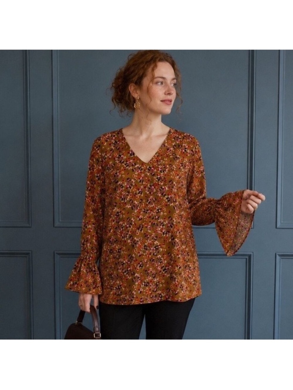 CAbi Women's Mustard Floral Burnished Bell Sleeve Blouse Top Medium